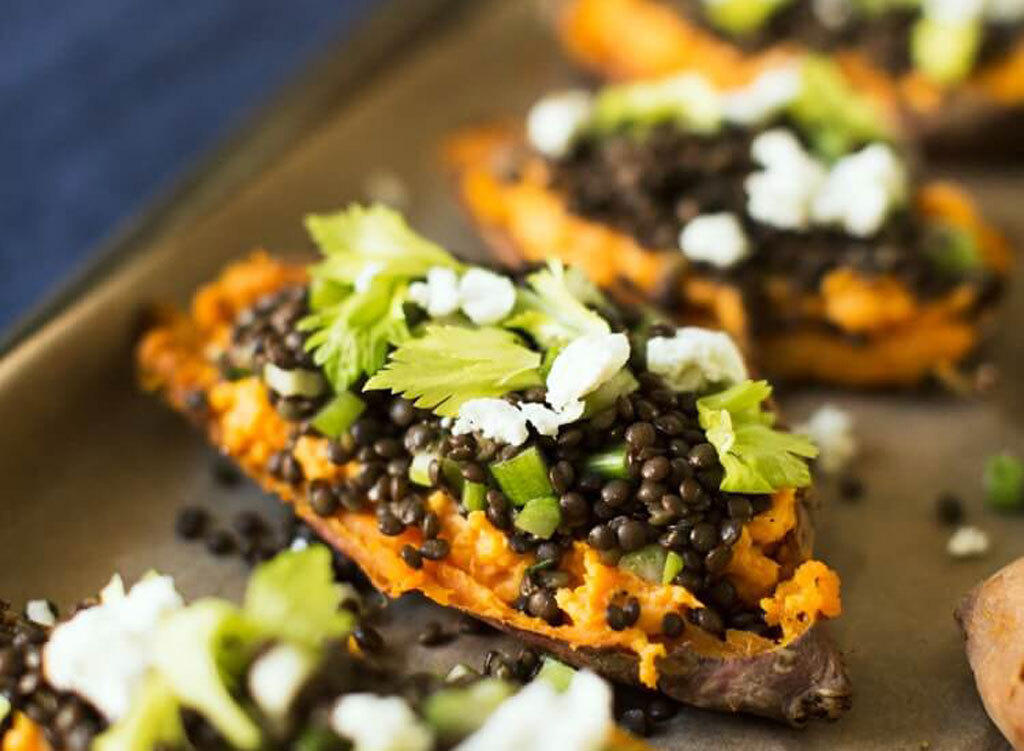 Lentil and Goat Cheese Stuffed Sweet Potatoes