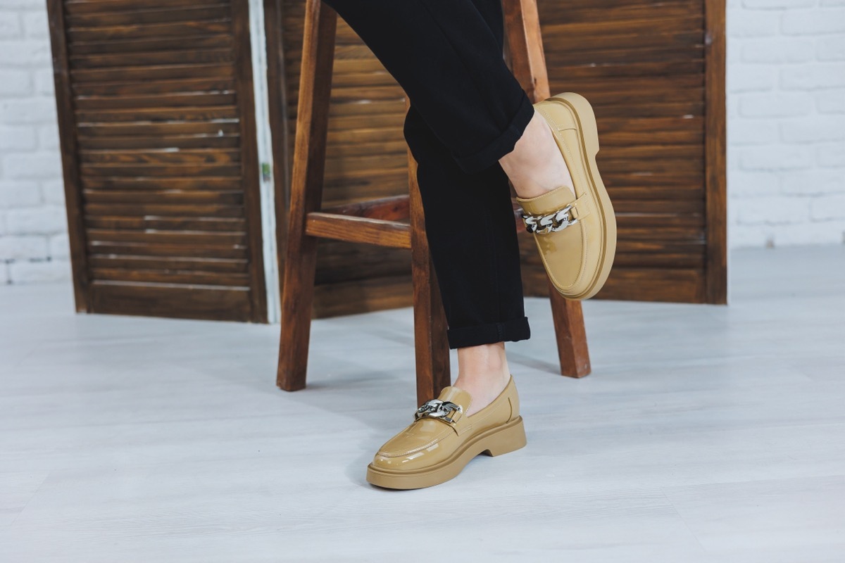 tan loafers with silver accent