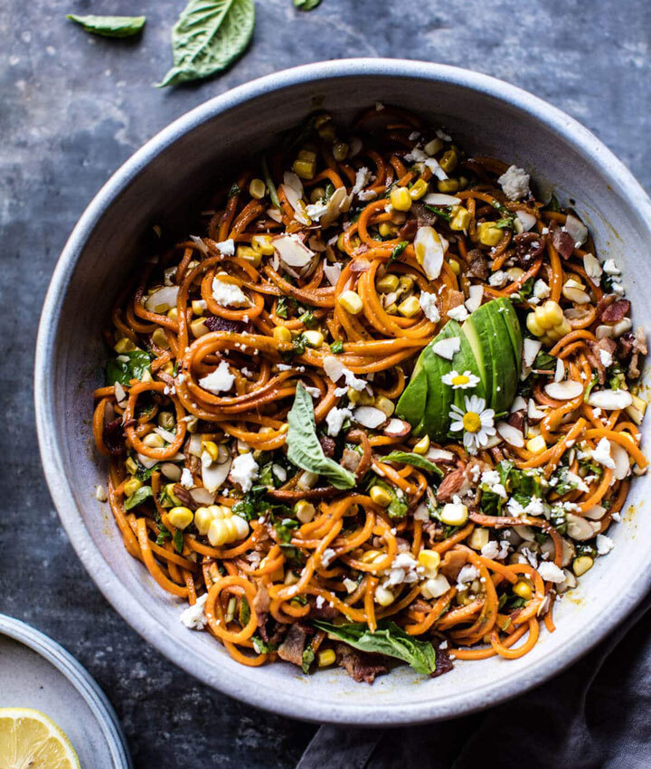 Corn feta and basil sweet potato noodle carbonara