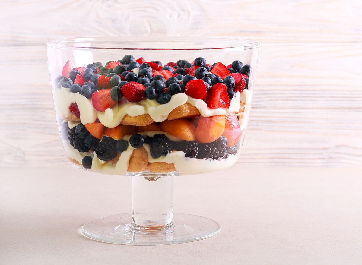 berry trifle in glass dish