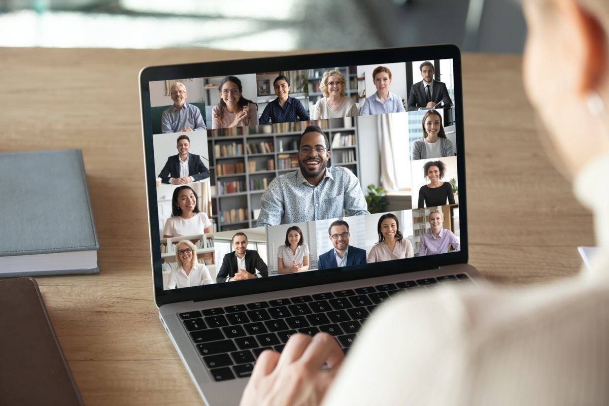 woman worker have Webcam group conference with coworkers on modern laptop at home