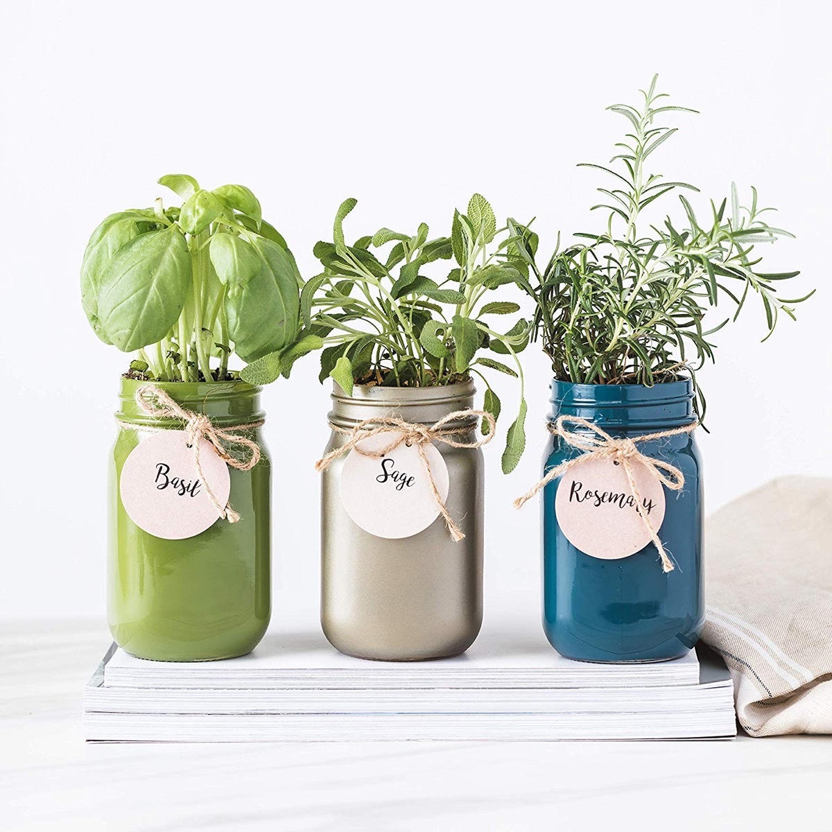 three mason jars with herbs in them