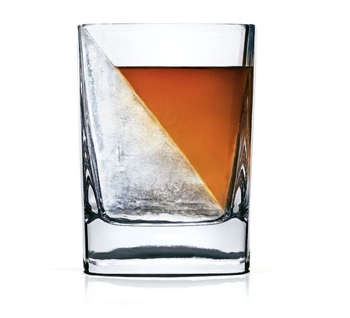 clear glass with an ice wedge and whiskey in it