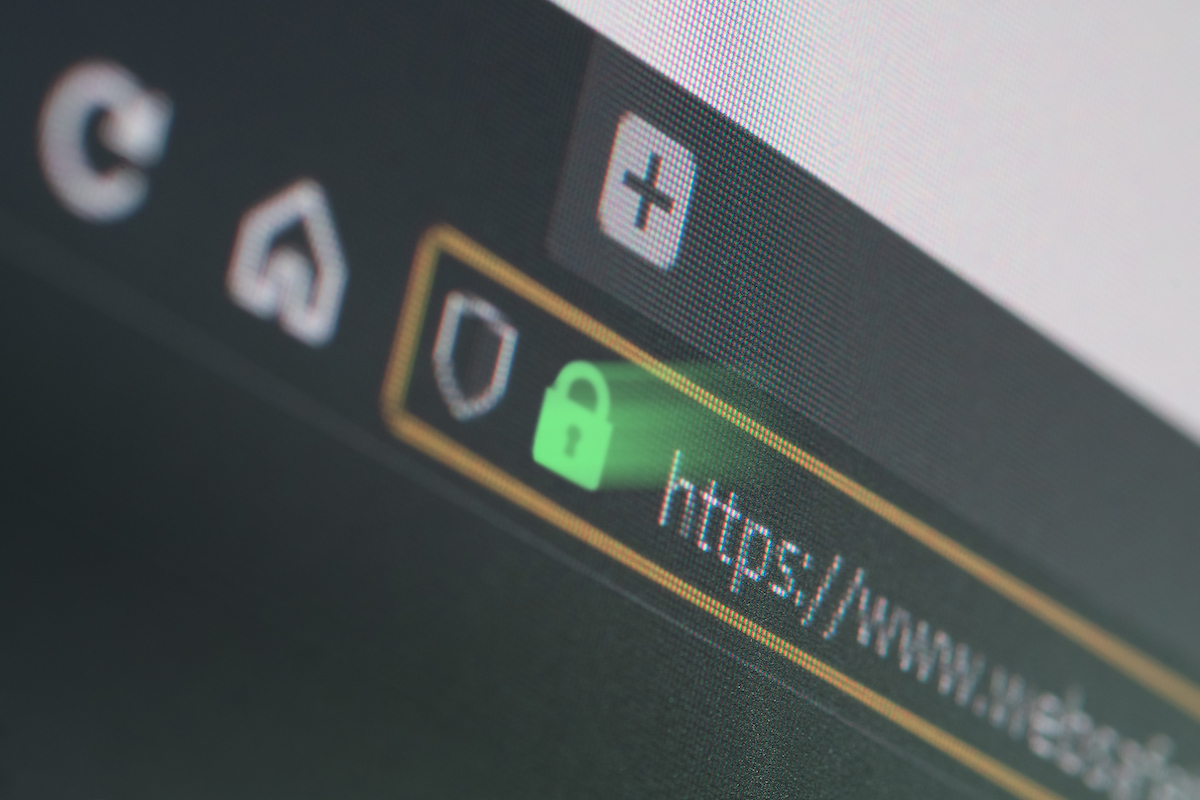 Close up of the URL bar on a website, showing an SSL certificate and green lock symbol.