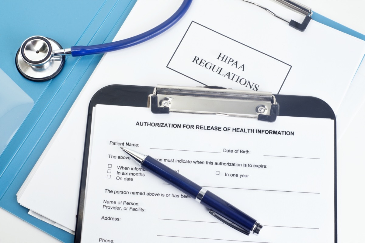 Patient release of information form with HIPAA regulations and documents. .