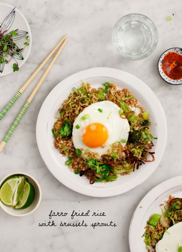 farro fried rice with brussels sprouts