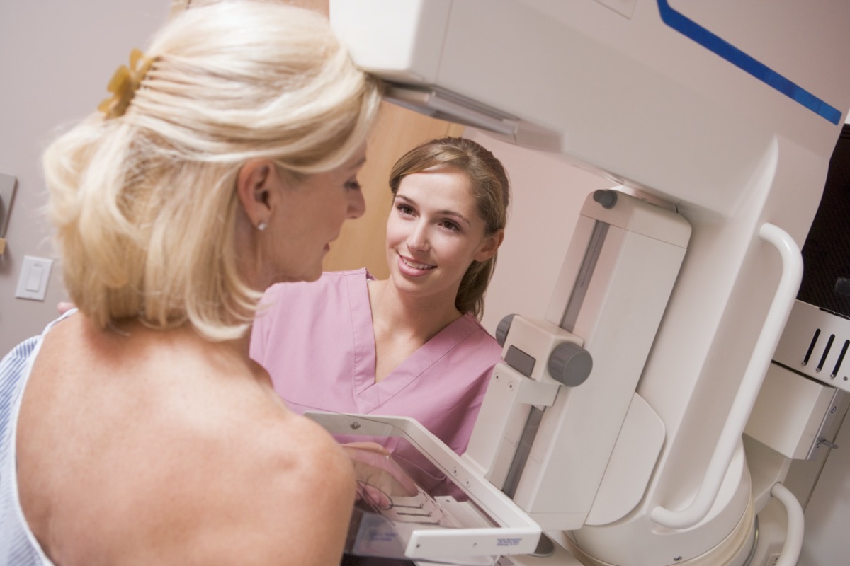 Nurse Assisting Patient Undergoing Mammogram