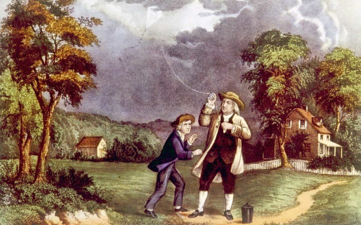 'Franklin's Experiment, June 1752,' Benjamin franklin demonstrating the identity of lightning and electricity from which he invented the lightning rod, painting by Currier & Ives, 1876 - Illustration