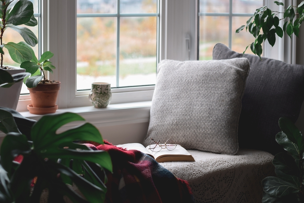 Cozy home reading nook with books and plants