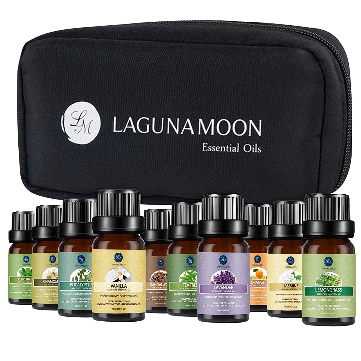 bottles of essential oils and black case