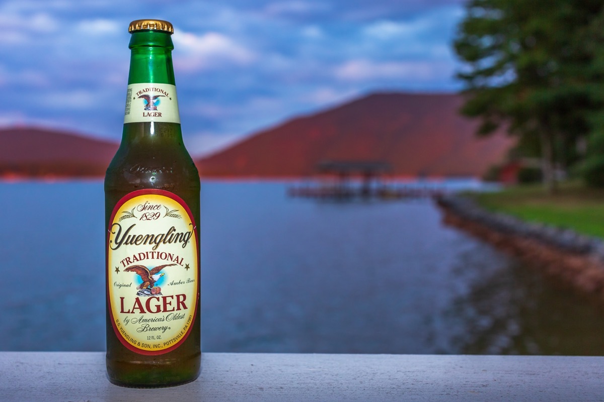 yuengling beer bottle near a lake