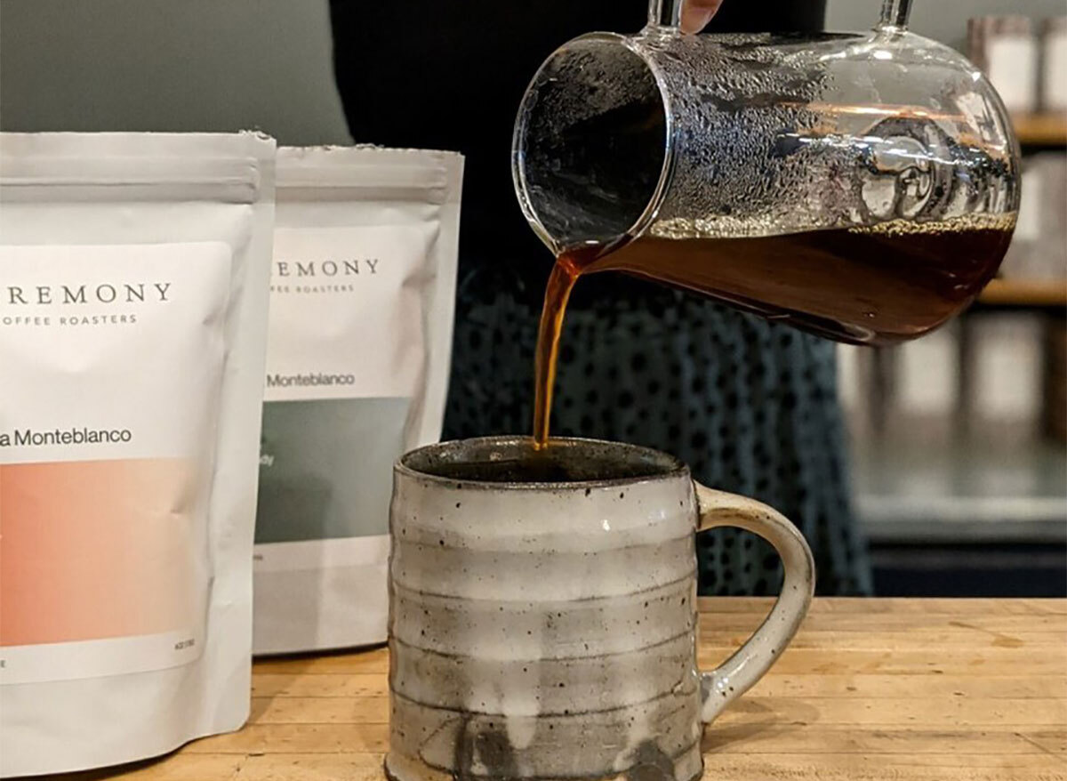 pouring coffee into a handmade mug