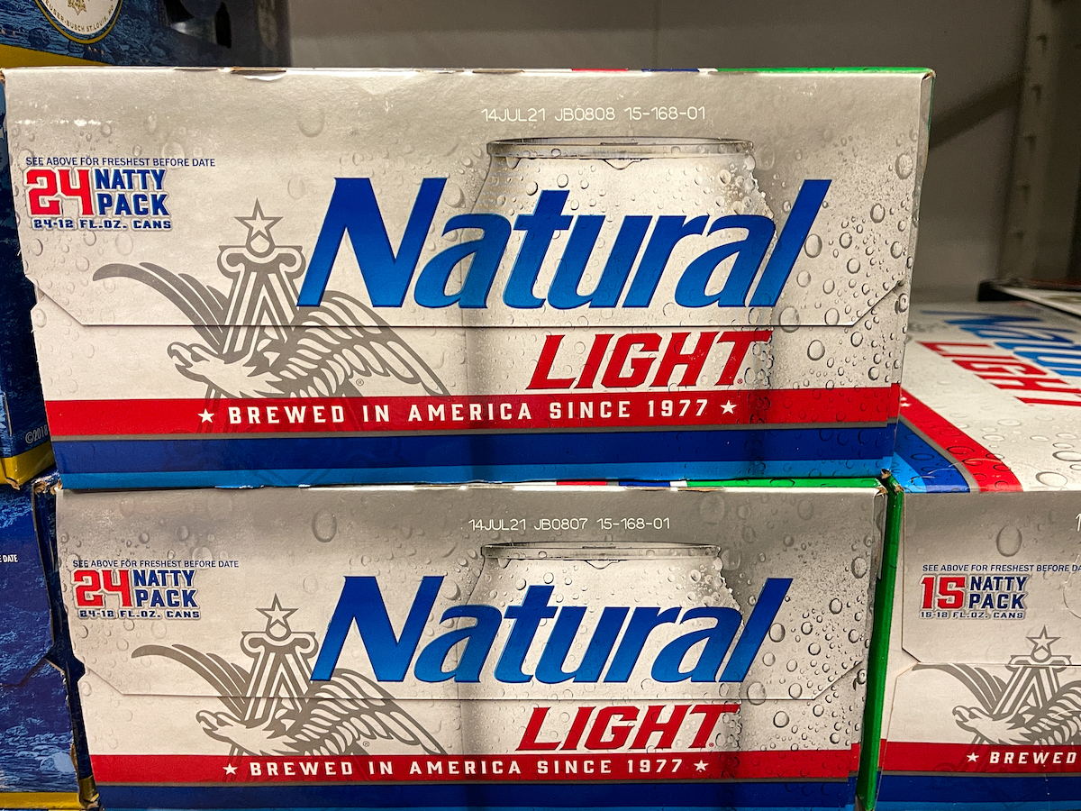 A case of Natural Light Beer also called Natty Light in a grocery store.