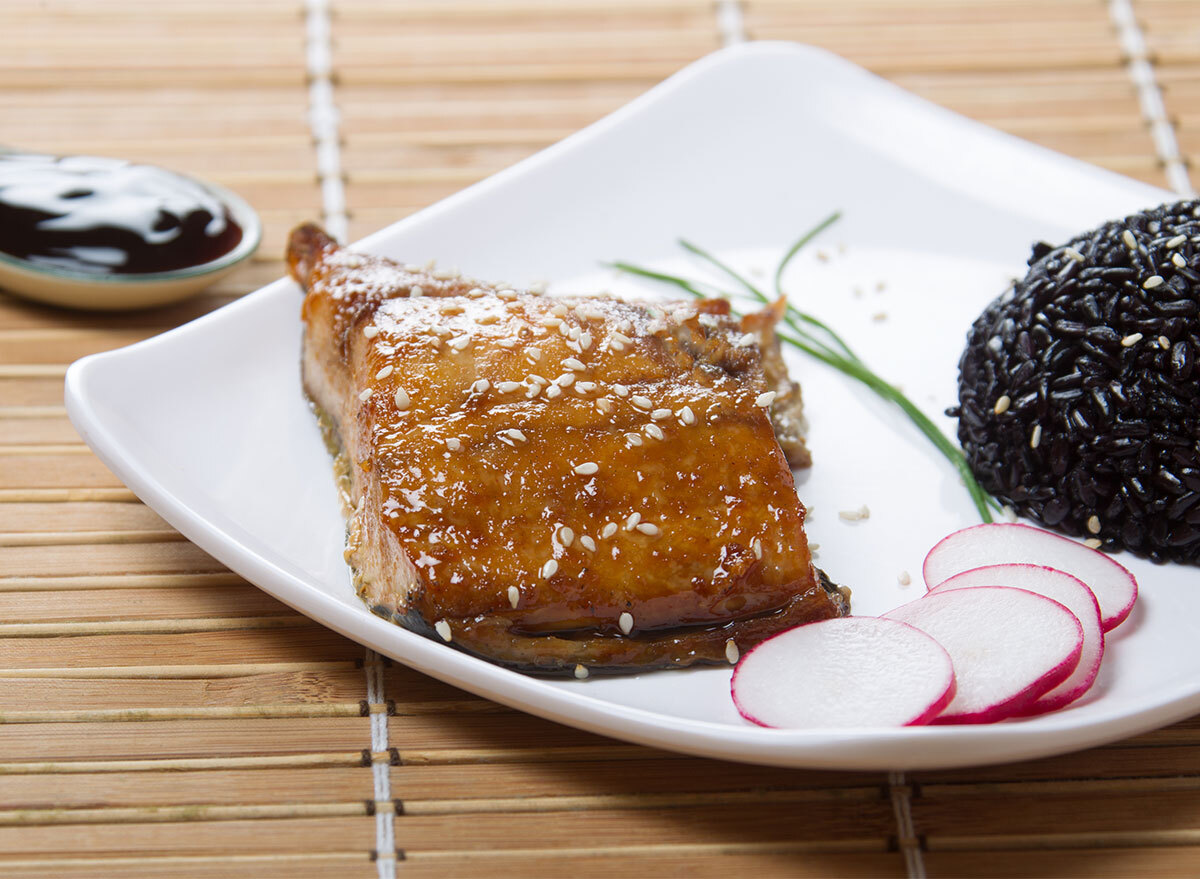 miso glazed cod on a white plate