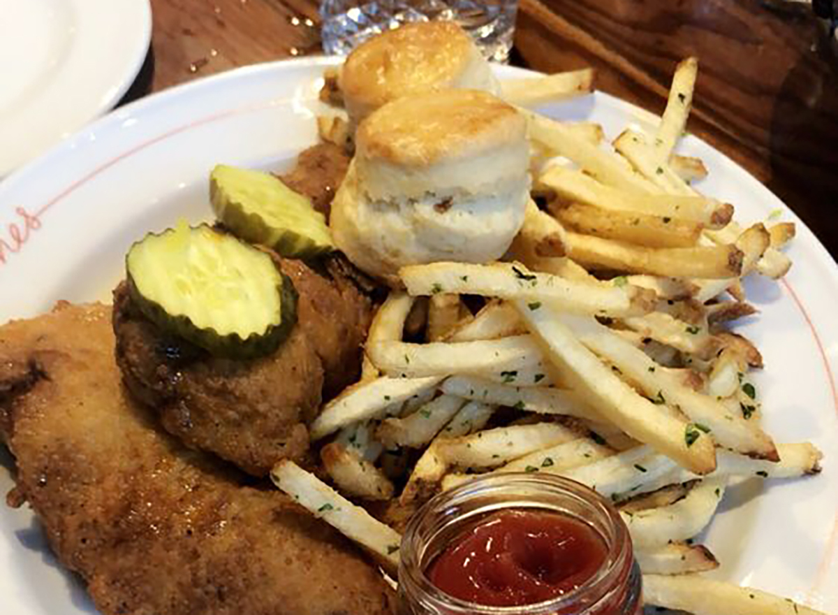 nashville chicken with fries and ketchup