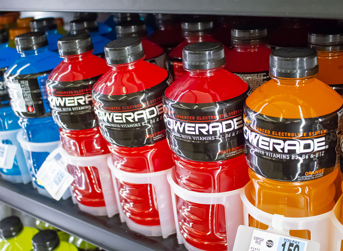 bottles of powerade on store shelf