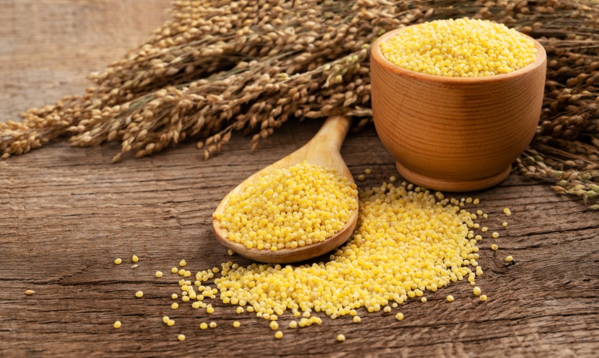 Millet in a spoon with twigs on a wooden table.