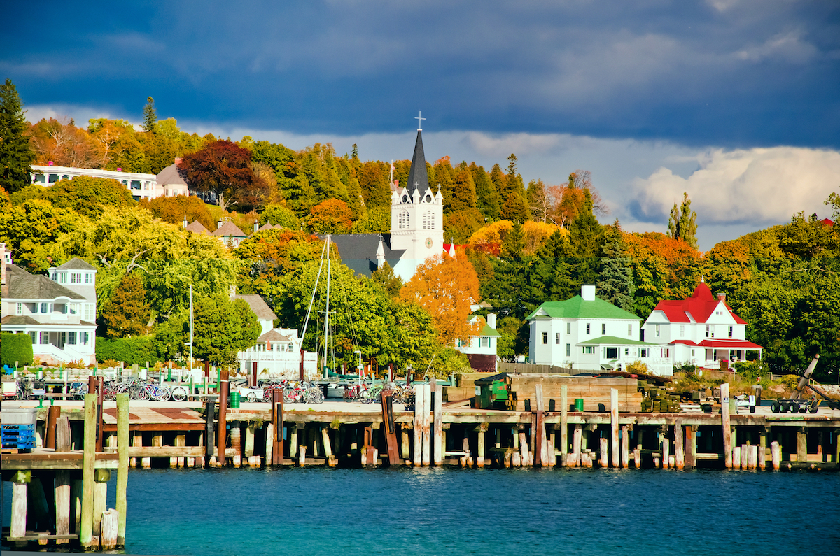 Lake house along Lake Huron in autumn season at Mackinac Island, Michigan