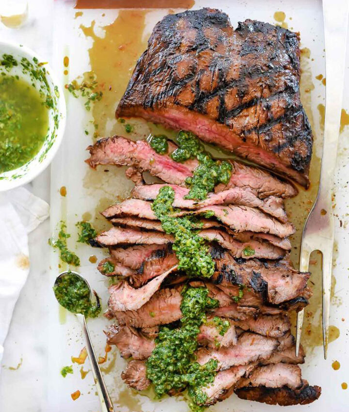 Marinated flank steak with asian chimichurri sauce