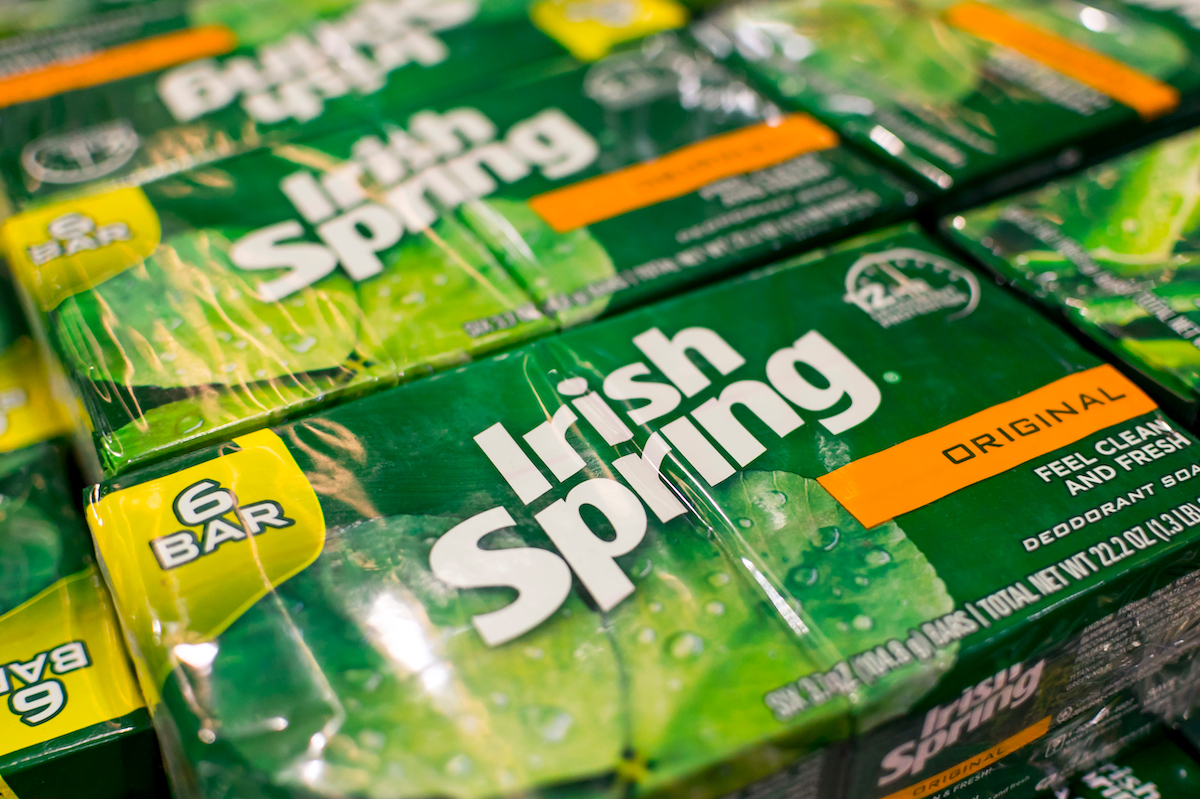 A stack of Irish Spring soap on display at a supermarket.