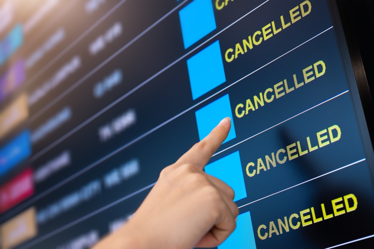 Airport lock down, Flights cancelled on information time table board in airport while coronavirus outbreak pandemic issued around the world