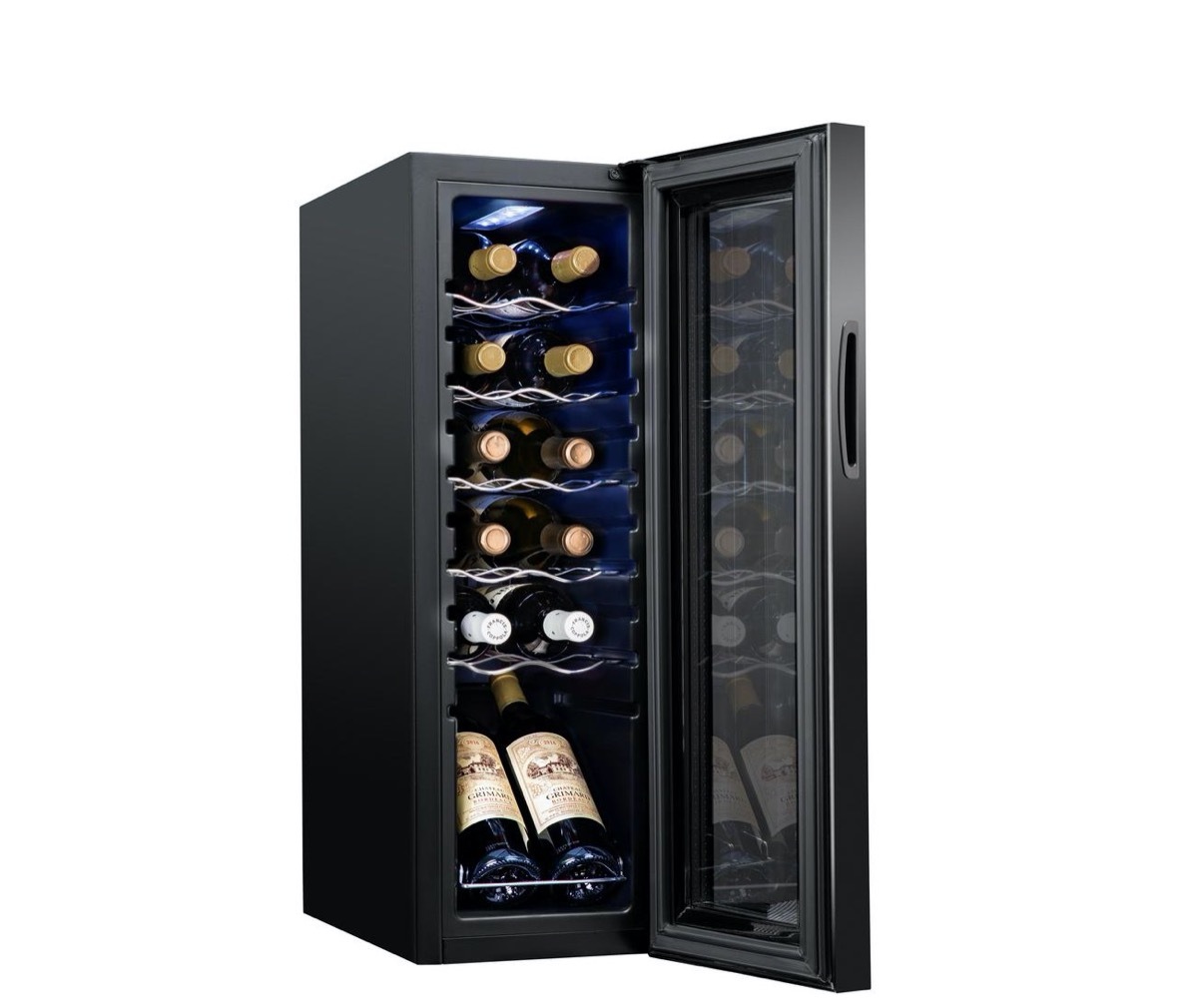 12-bottle black wine bottle mini fridge with door open