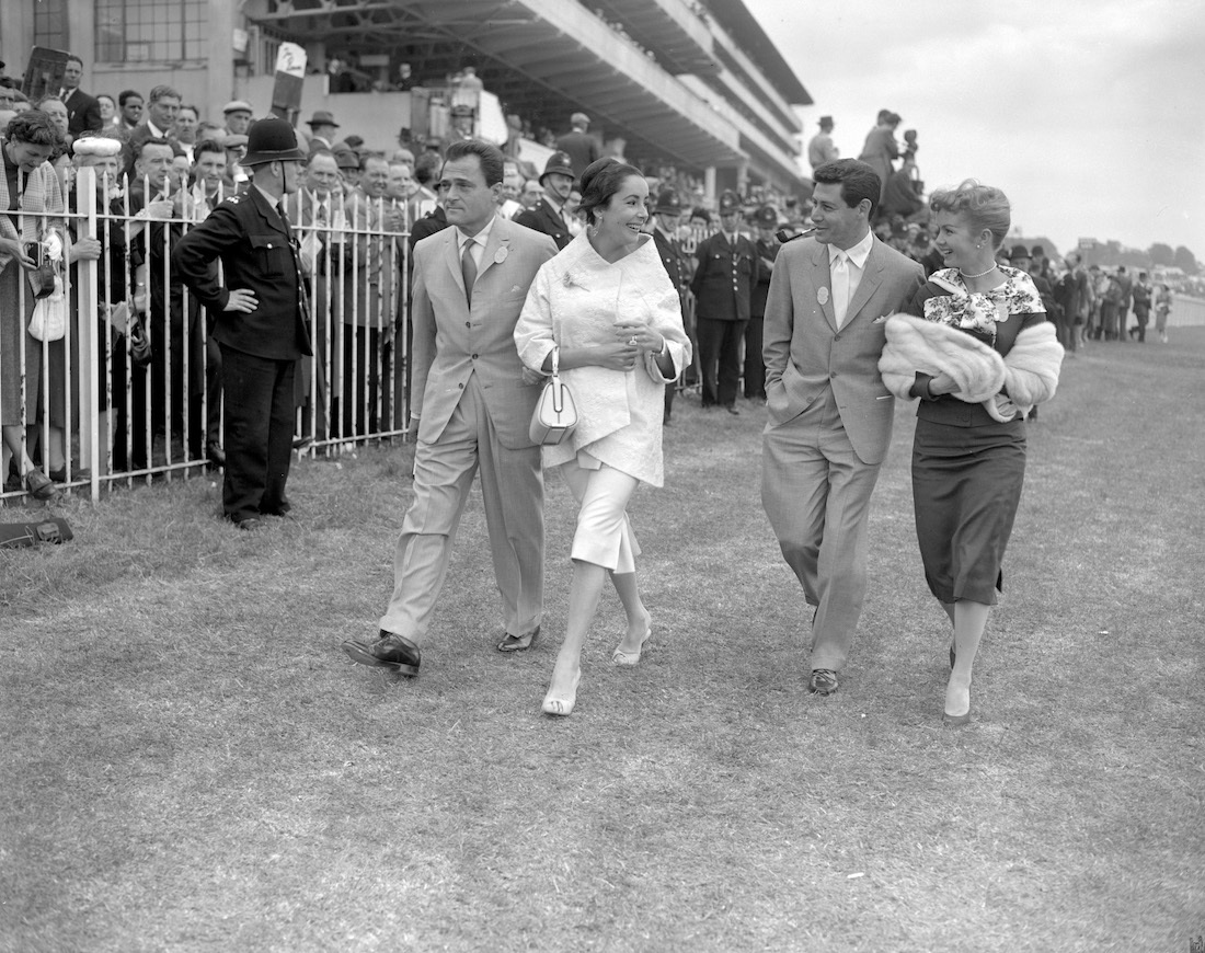 Mike Todd, Elizabeth Taylor, Eddie Fisher, and Debbie Reynolds at a horse race circa 1957