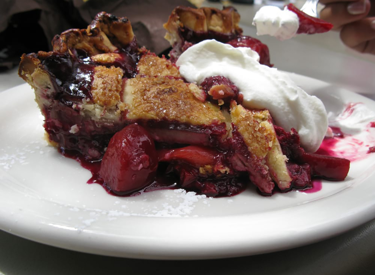 peach and blackberry pie slice