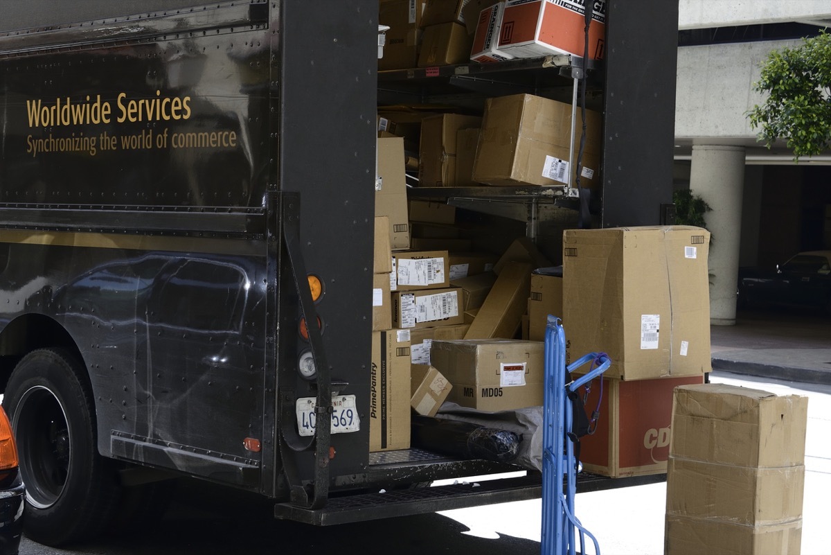 San Francisco, USA - May 29, 2014: Packages on a UPS truck out for delivery in San Francisco.