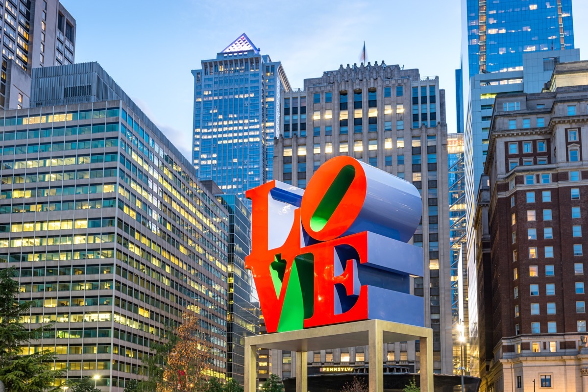 the landmark reproduction of Robert Indiana's Love sculpture located on John F. Kennedy Plaza in downtown Philadelphia, Pennsylvania, USA.