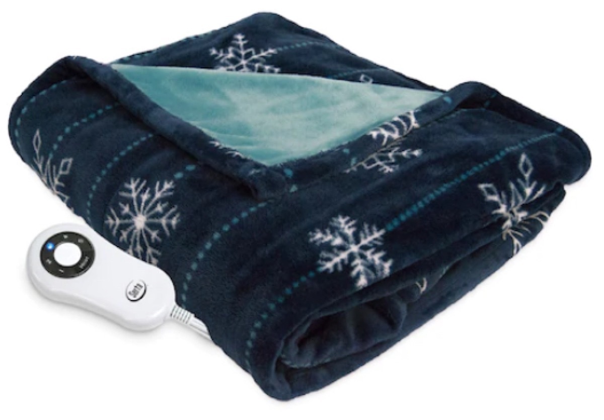 blue fleece blanket with snowflake pattern