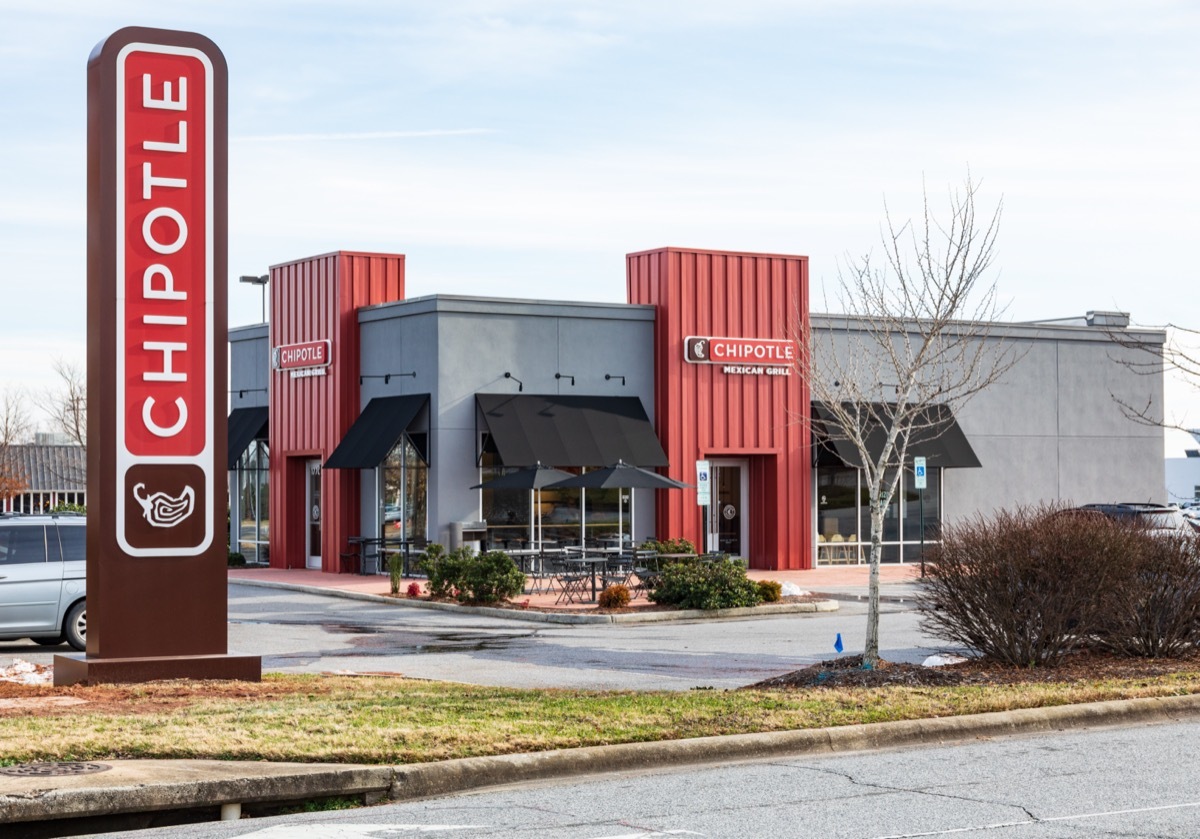 the exterior and sign outside of a Chipotle restaurant in Hickory, North Carolina