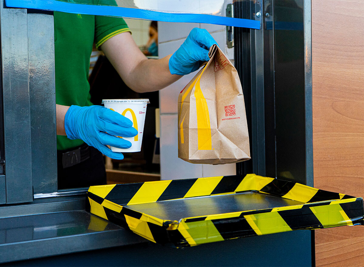 mcdonalds drive thru employee wearing gloves