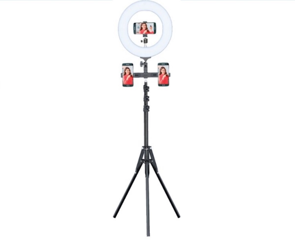 black ring light tripod with two phones attached to it