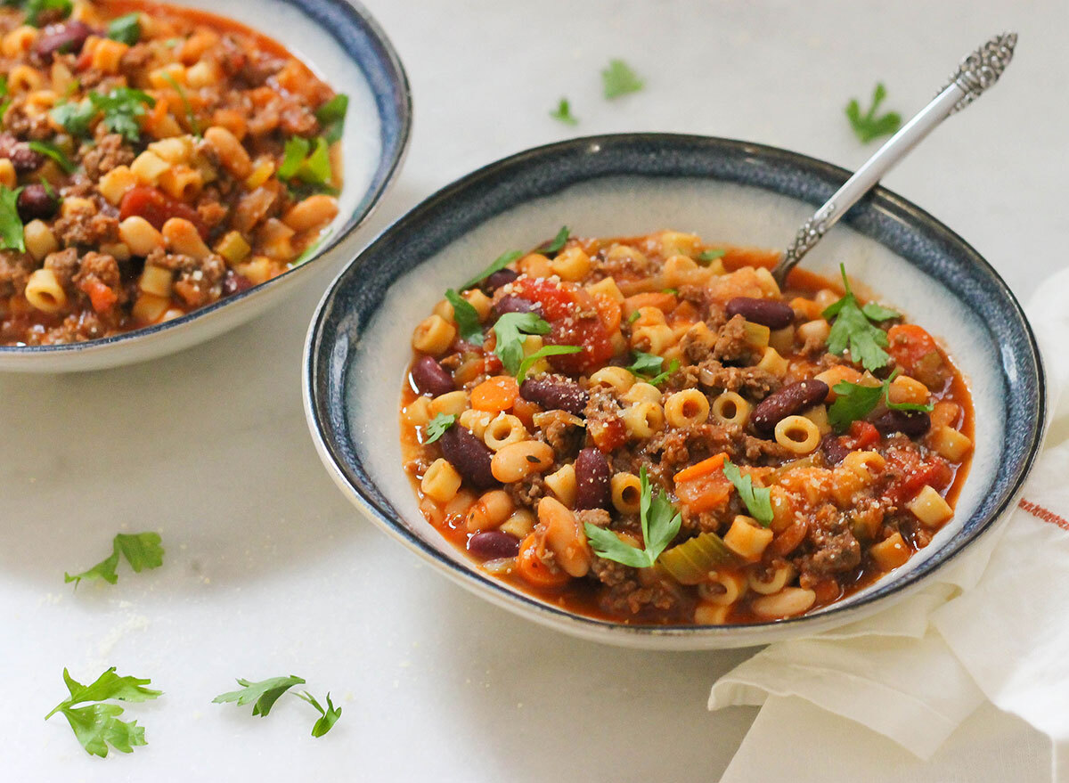 Close up of a bowl of copycat pasta fagioli