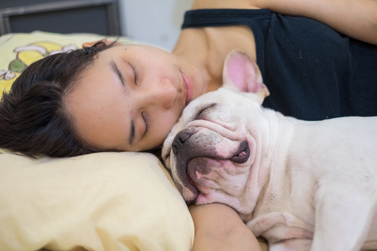 woman sleeping with french bulldog things you're doing that would horrify sleep doctors