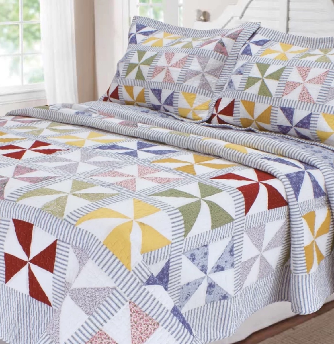 multicolored patchwork quilt, old fashioned home items