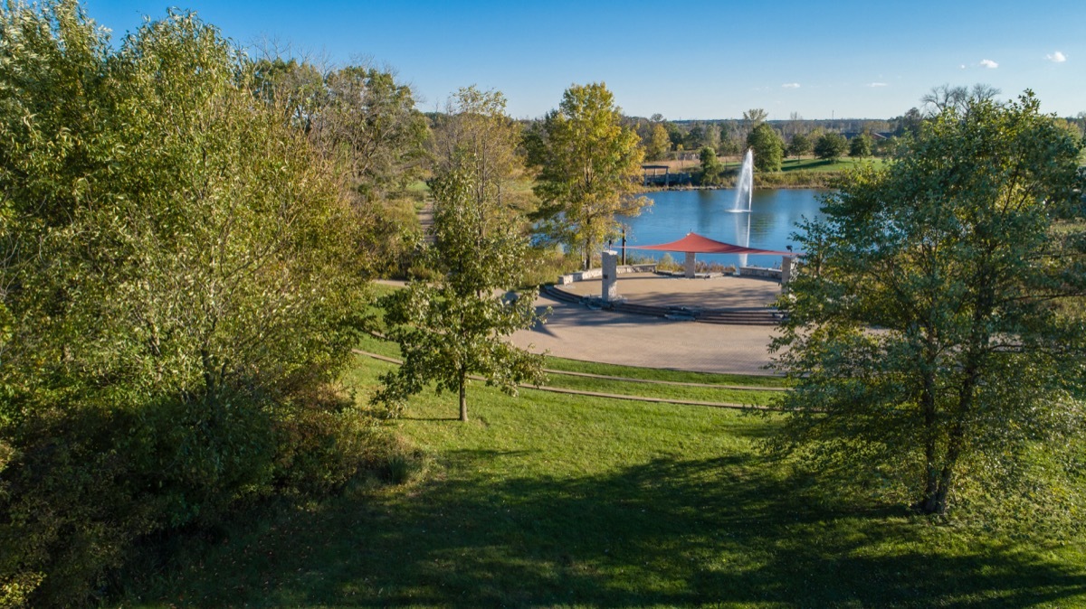 The amphitheatre and Phlips Pond at Coffee Creek Watershed Preserve in Chesterton Indiana