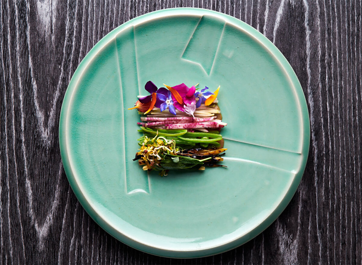 plant food on teal plate