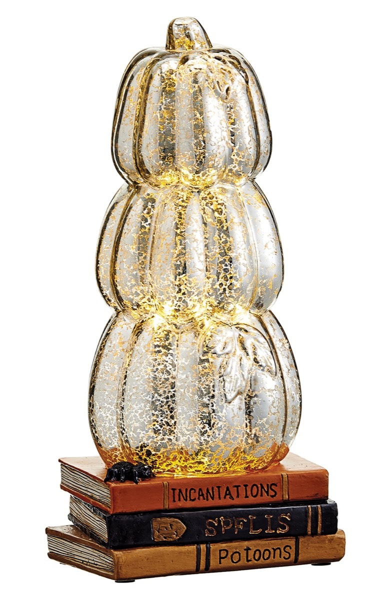 stack of three ceramic silver pumpkins, fall home decor