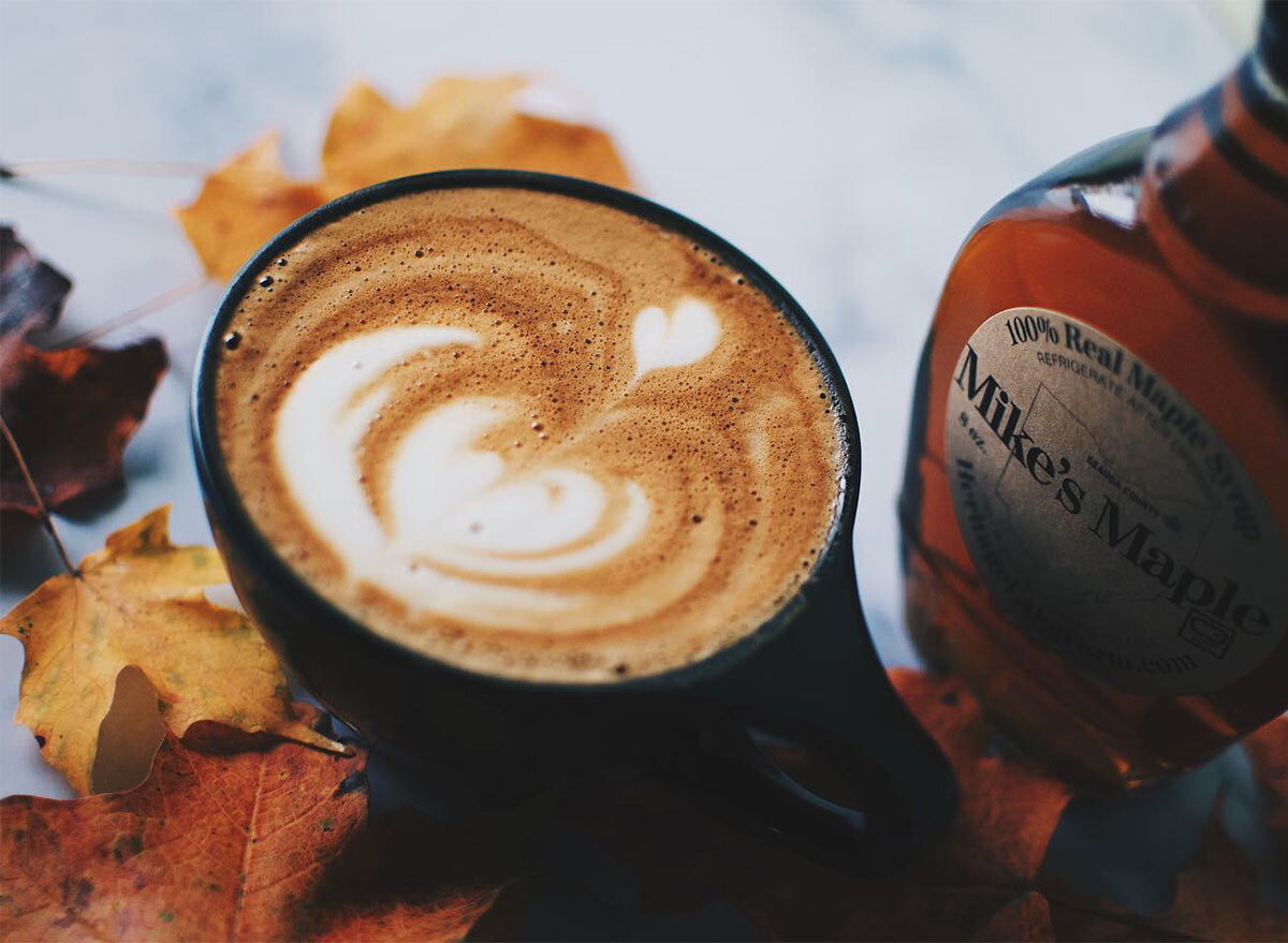 latte with heart in latte art and maple syrup