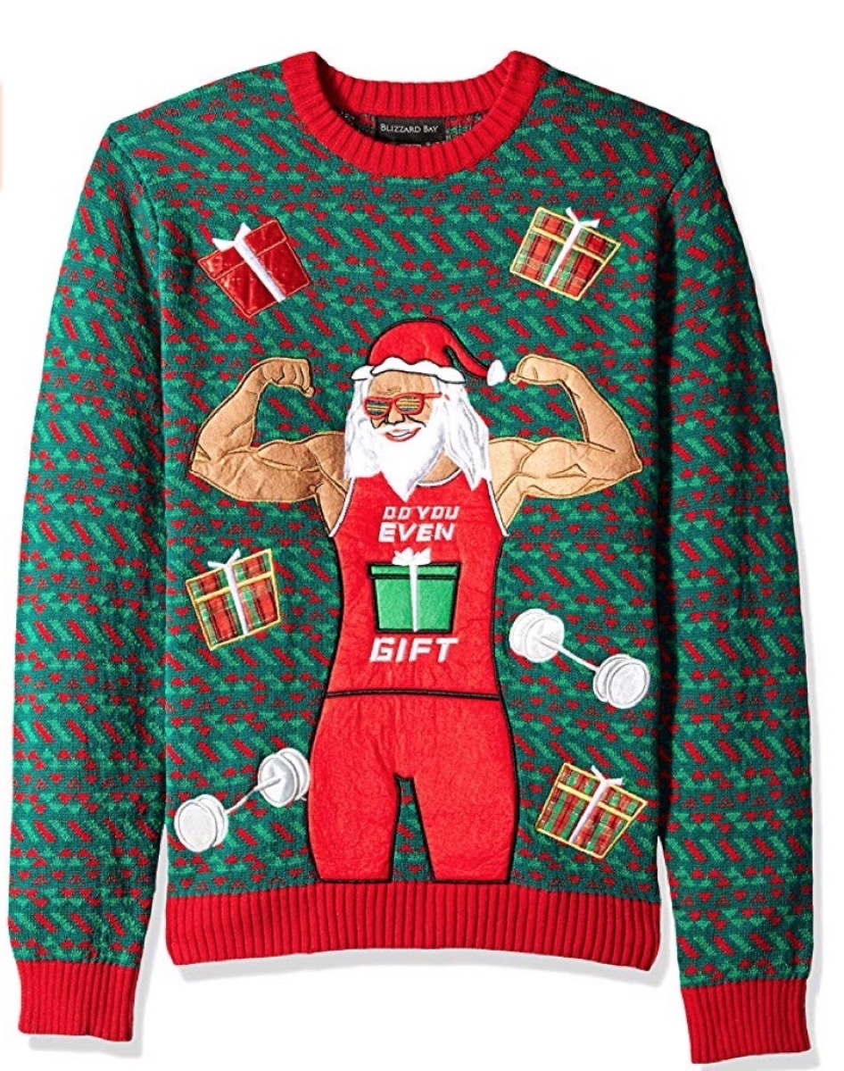 green christmas sweater with muscular santa and 