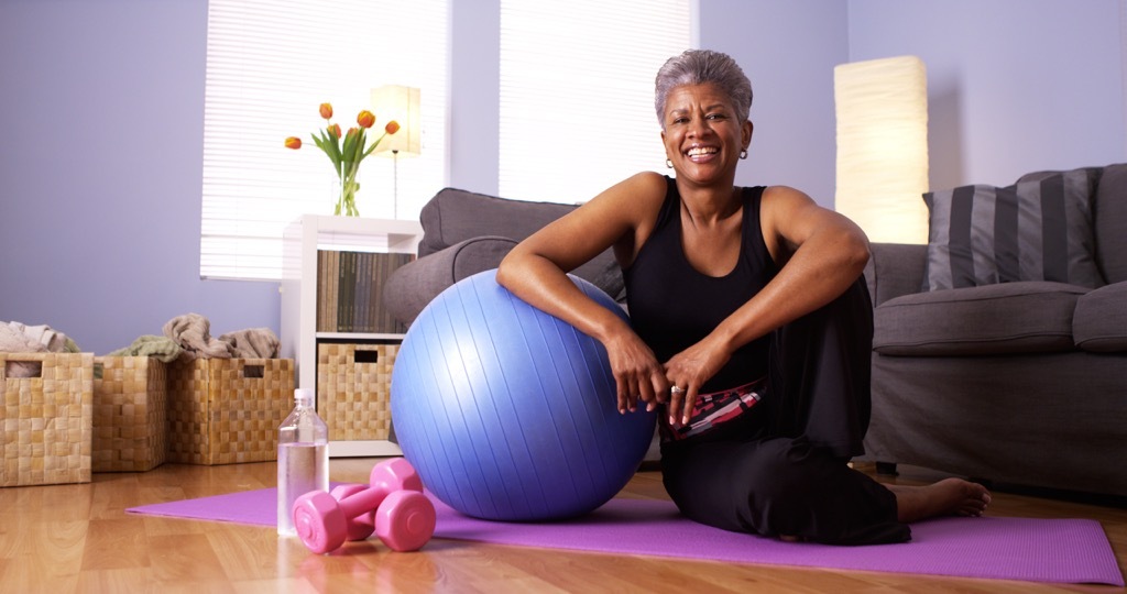 older woman in workout room.