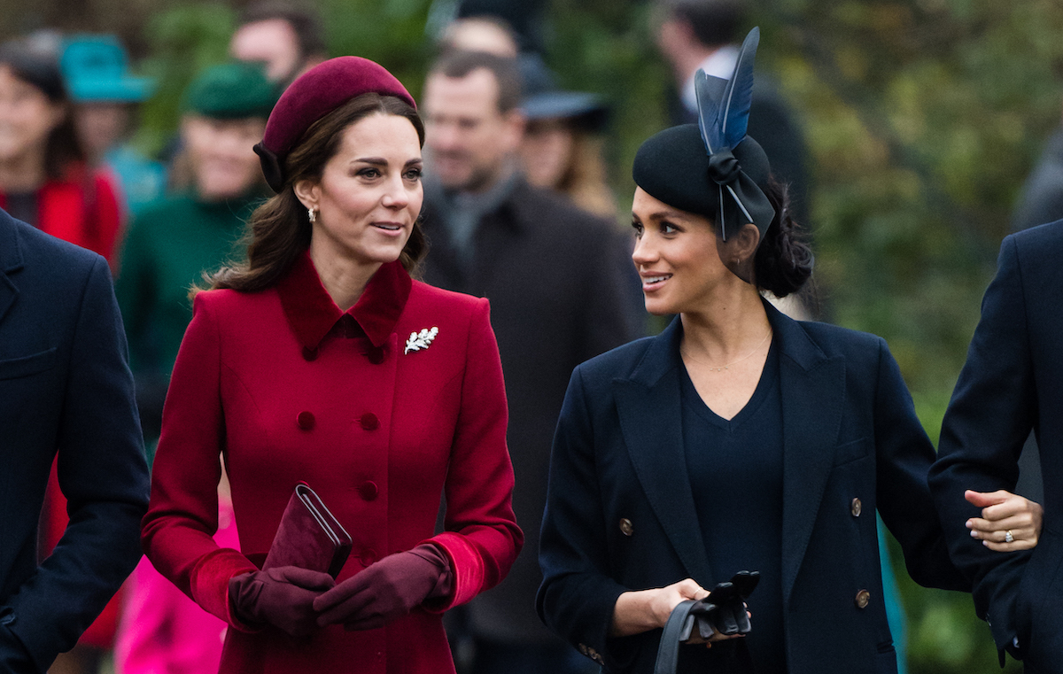 Catherine, Duchess of Cambridge and Meghan, Duchess of Sussex on Christmas Day at the Sandringham estate on December 25, 2018 in King's Lynn, England.