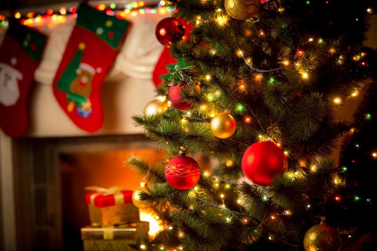 christmas tree in front of fireplace