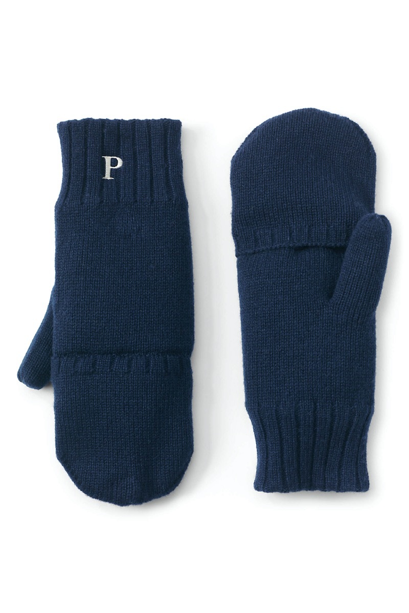 blue mittens with embroidered P on wrist