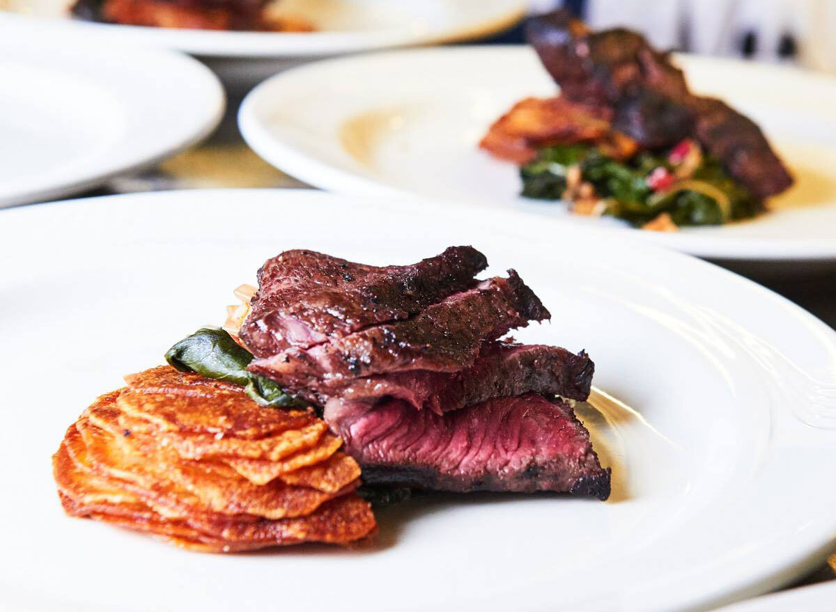 sliced steak with scalloped potatoes