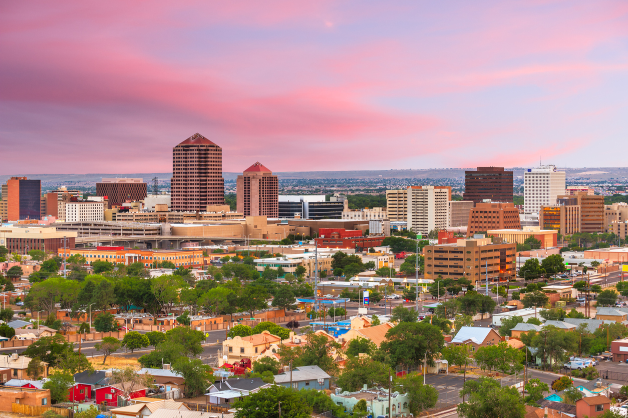 The skyline of Albuquerque, New Mexico at twilight