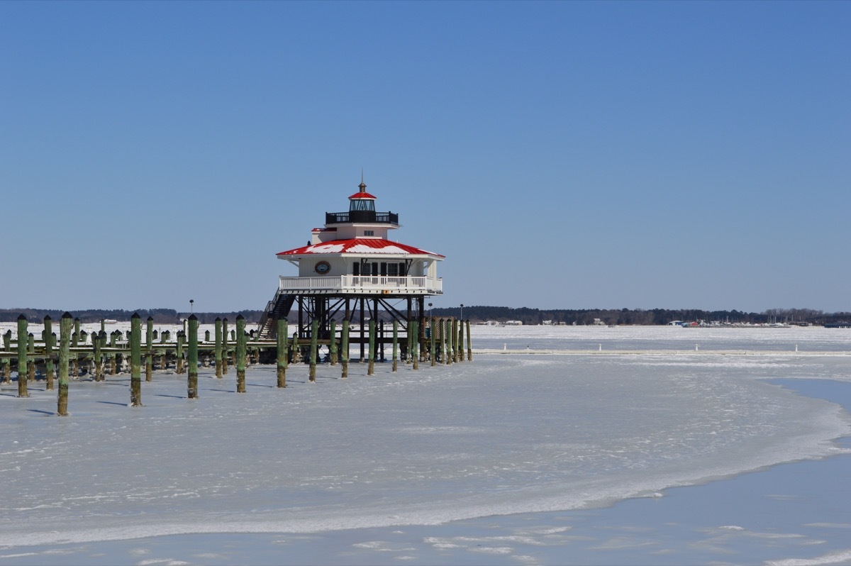 A frozen beach in Maryland in the winter