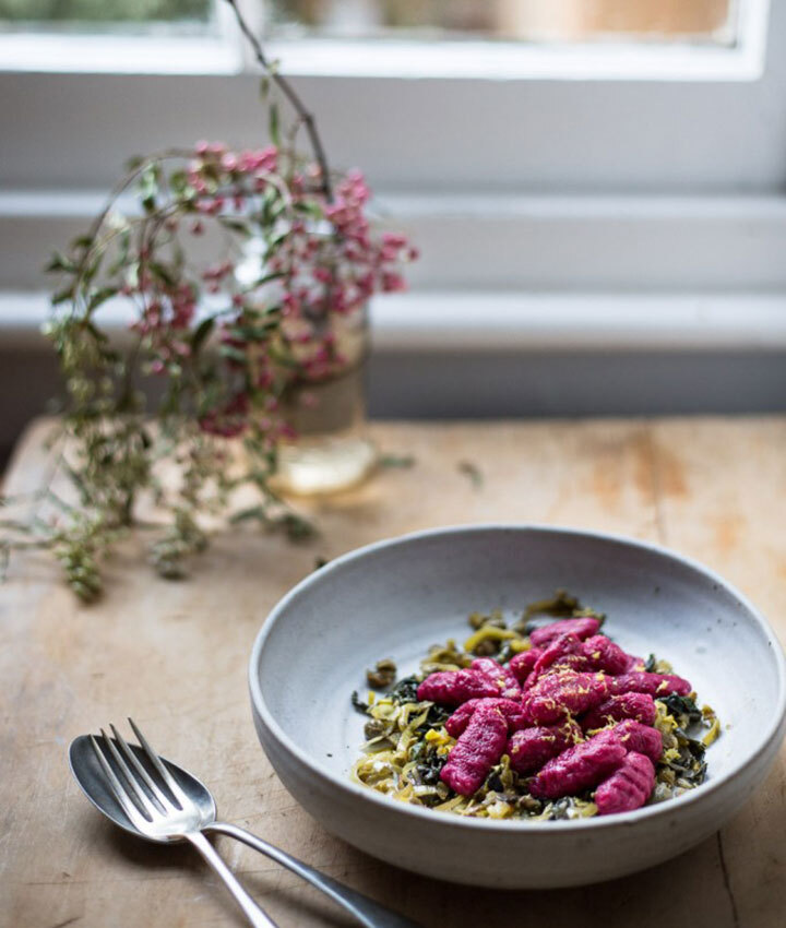 Beetroot gnocchi with caper and leek gremolata